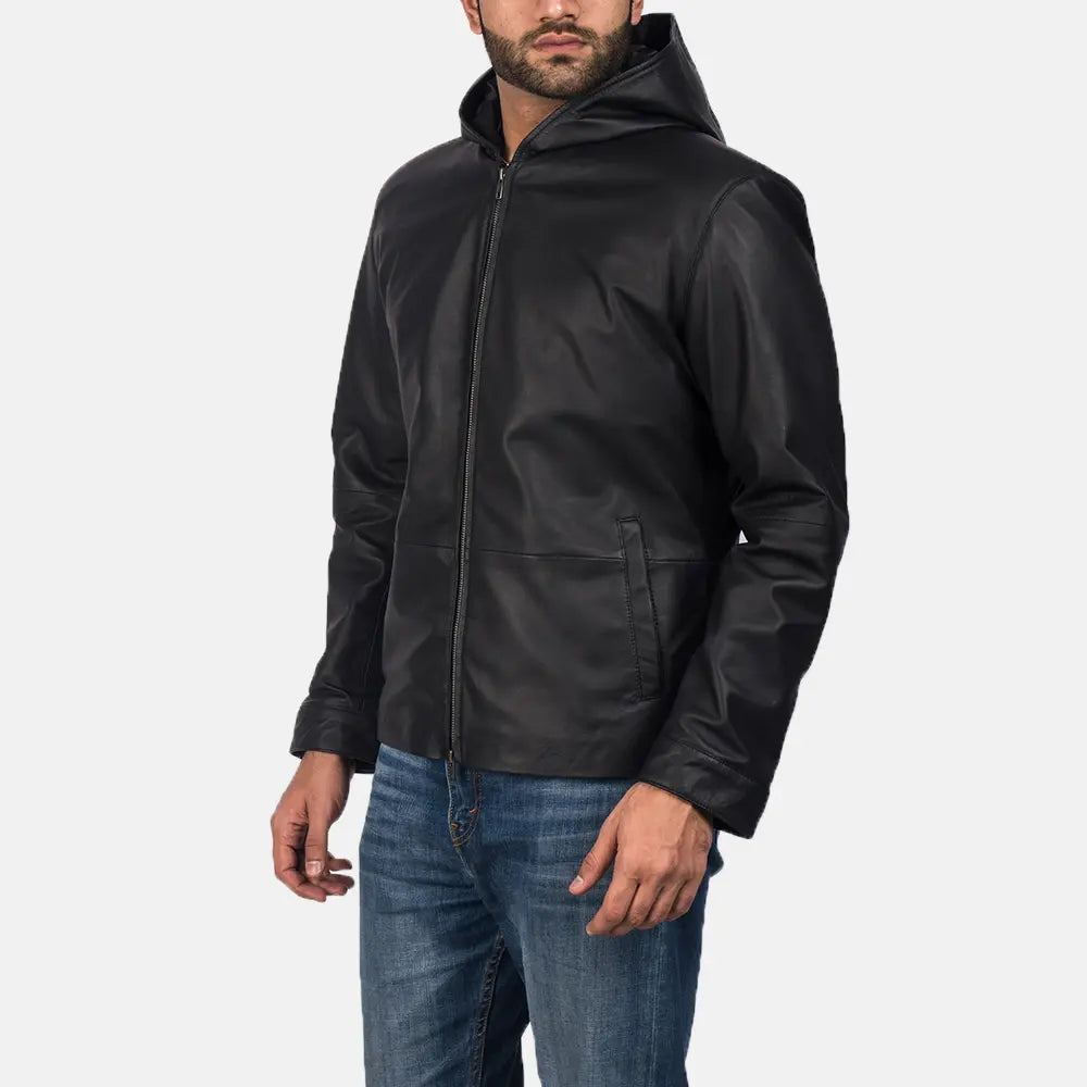 Andy Matte Black Hooded Leather Jacket