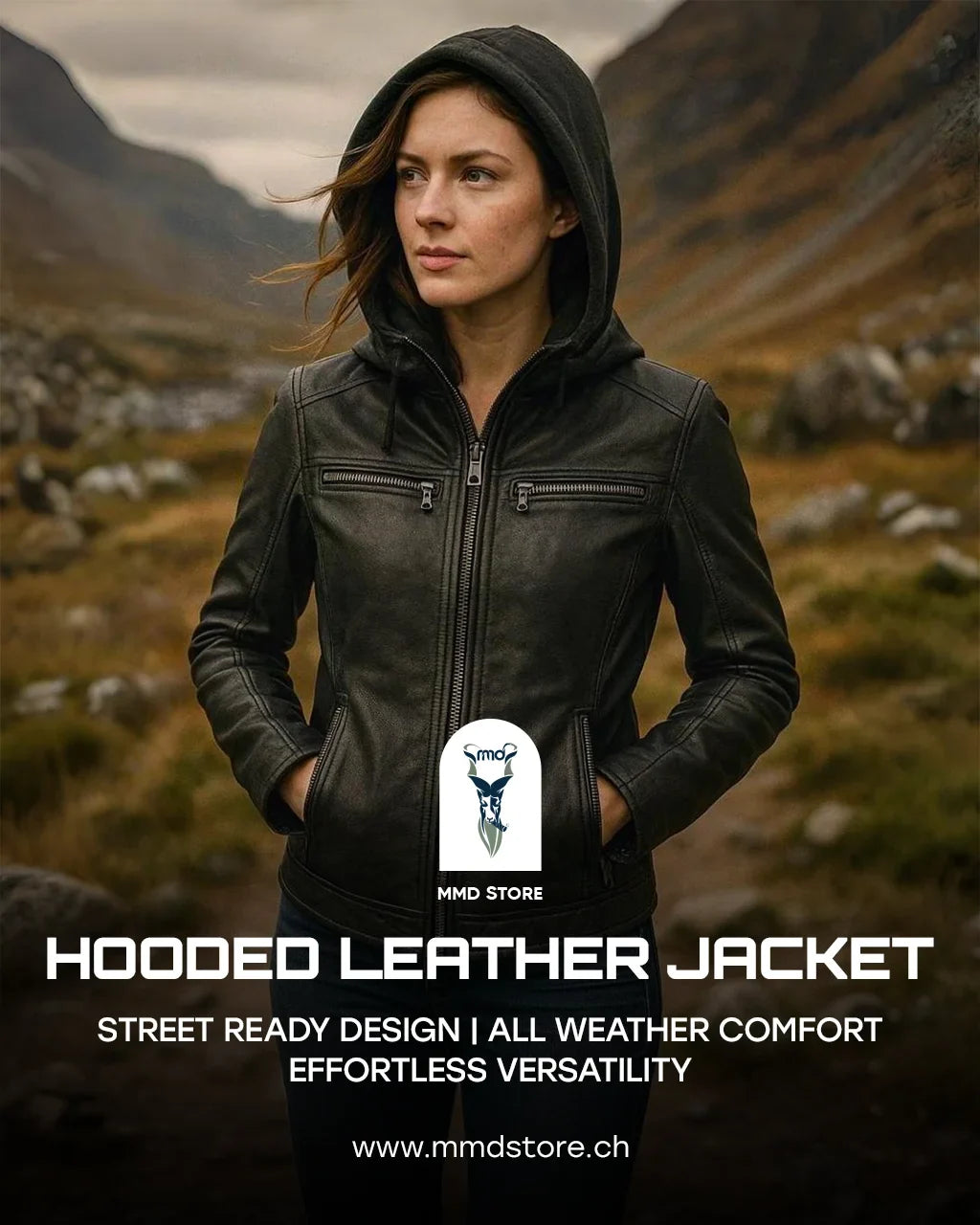 Roslyn Hooded Leather Bomber Jacket