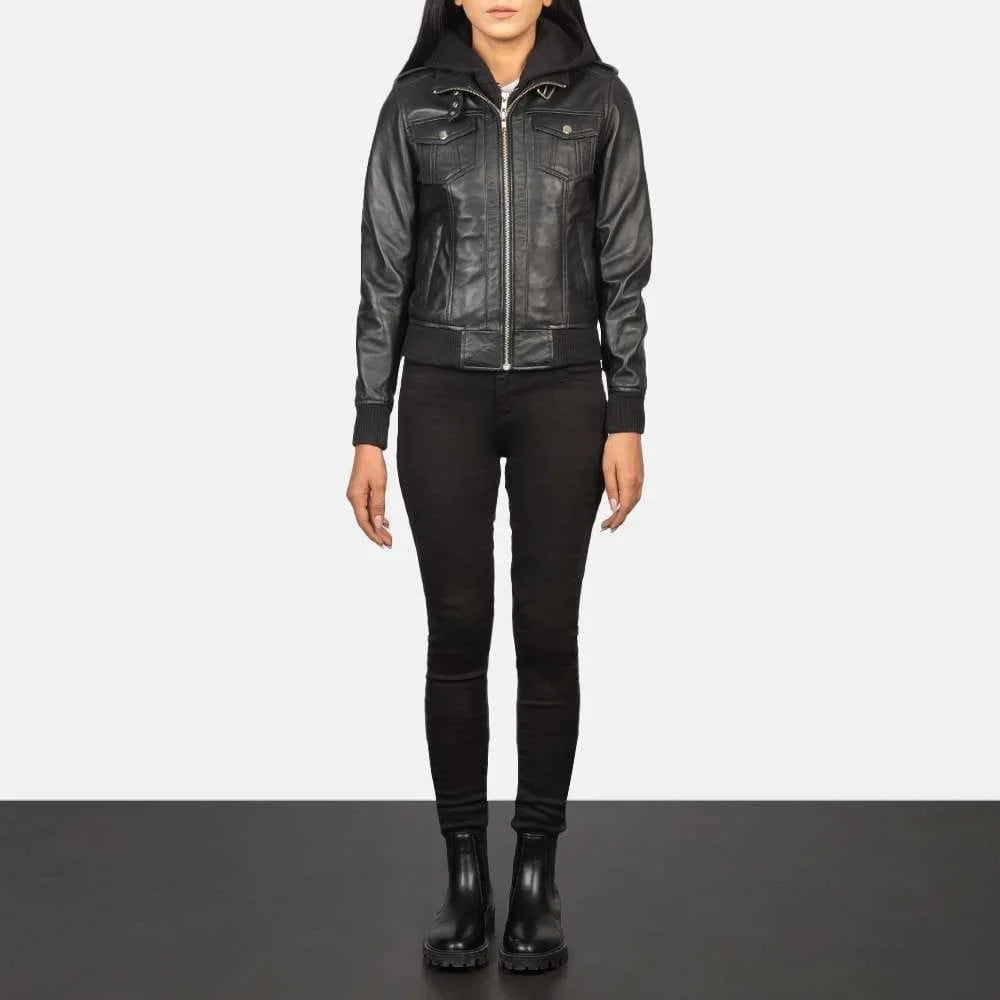 Roslyn Hooded Leather Bomber Jacket